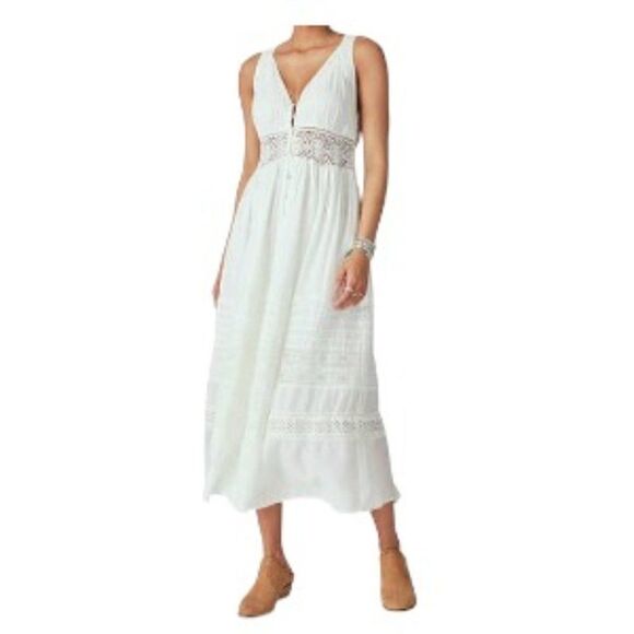 Lucky Brand Women's V-Neck Lace Maxi Dress Whisper White XXL NWT